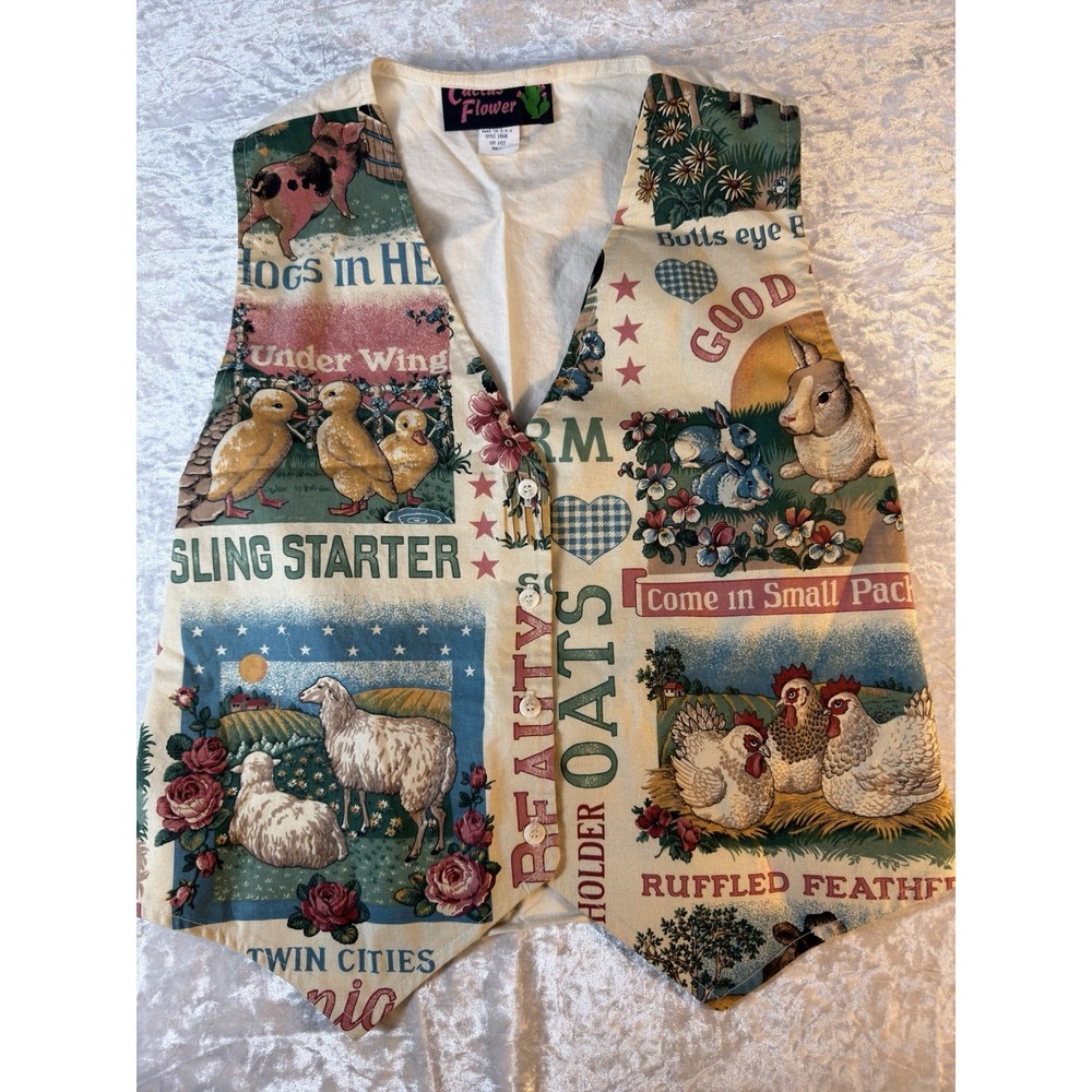 Vintage 90s Cactus Flower Vest Womens S Farm Animal Novelty Print USA Made